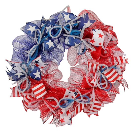 22&#x22; Red, White &#x26; Blue Mesh Ribbon Wreath by Celebrate It&#x2122;